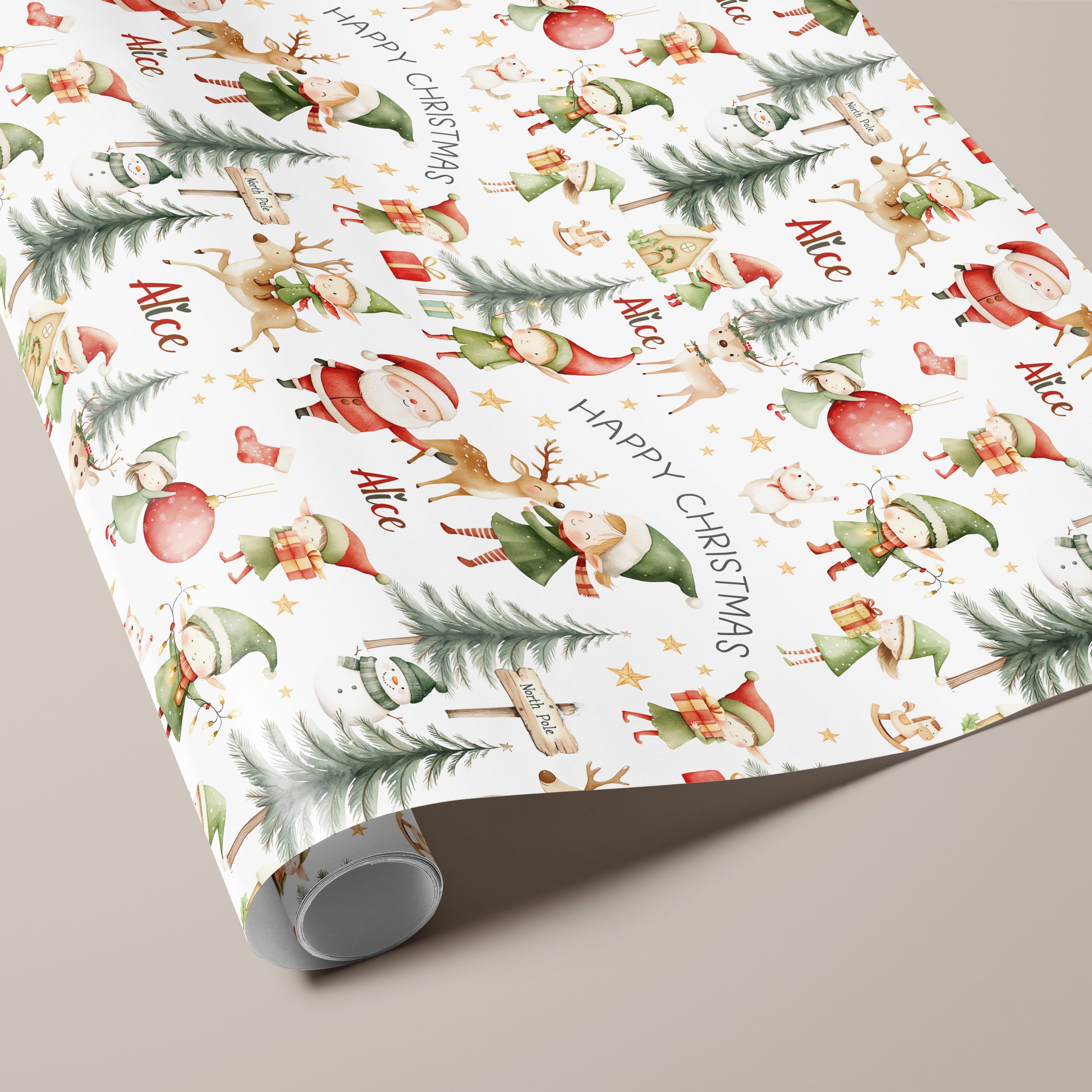 Personalised Santa Claus & Elves Christmas Gift Wrapping Paper