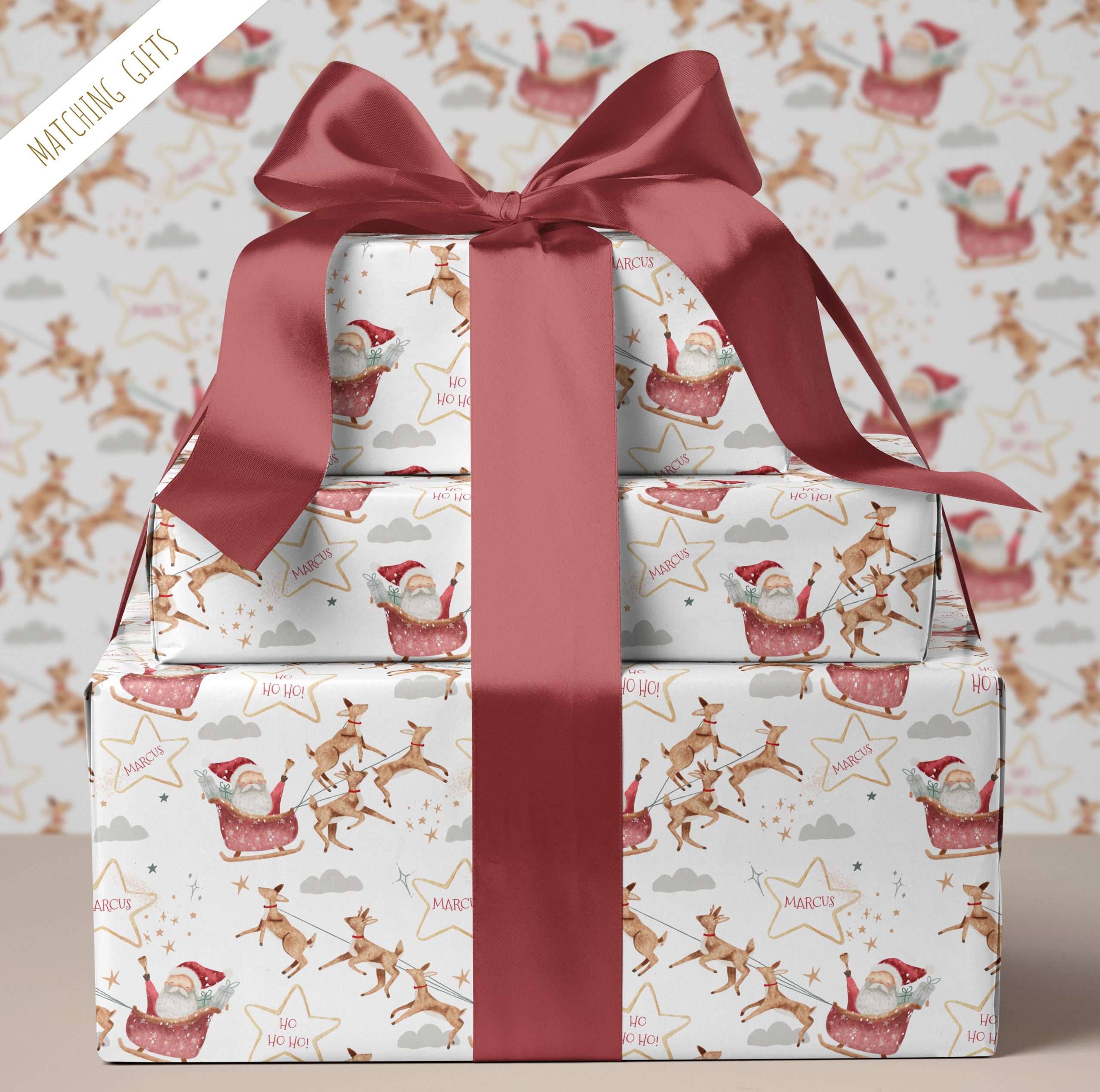 This delightful Personalised Santa Christmas Gift Wrapping Paper adds a festive and unique touch to your holiday gift-giving, featuring charming reindeers soaring through the sky with Santa's sleigh filled with presents, making your gifts even more special and memorable