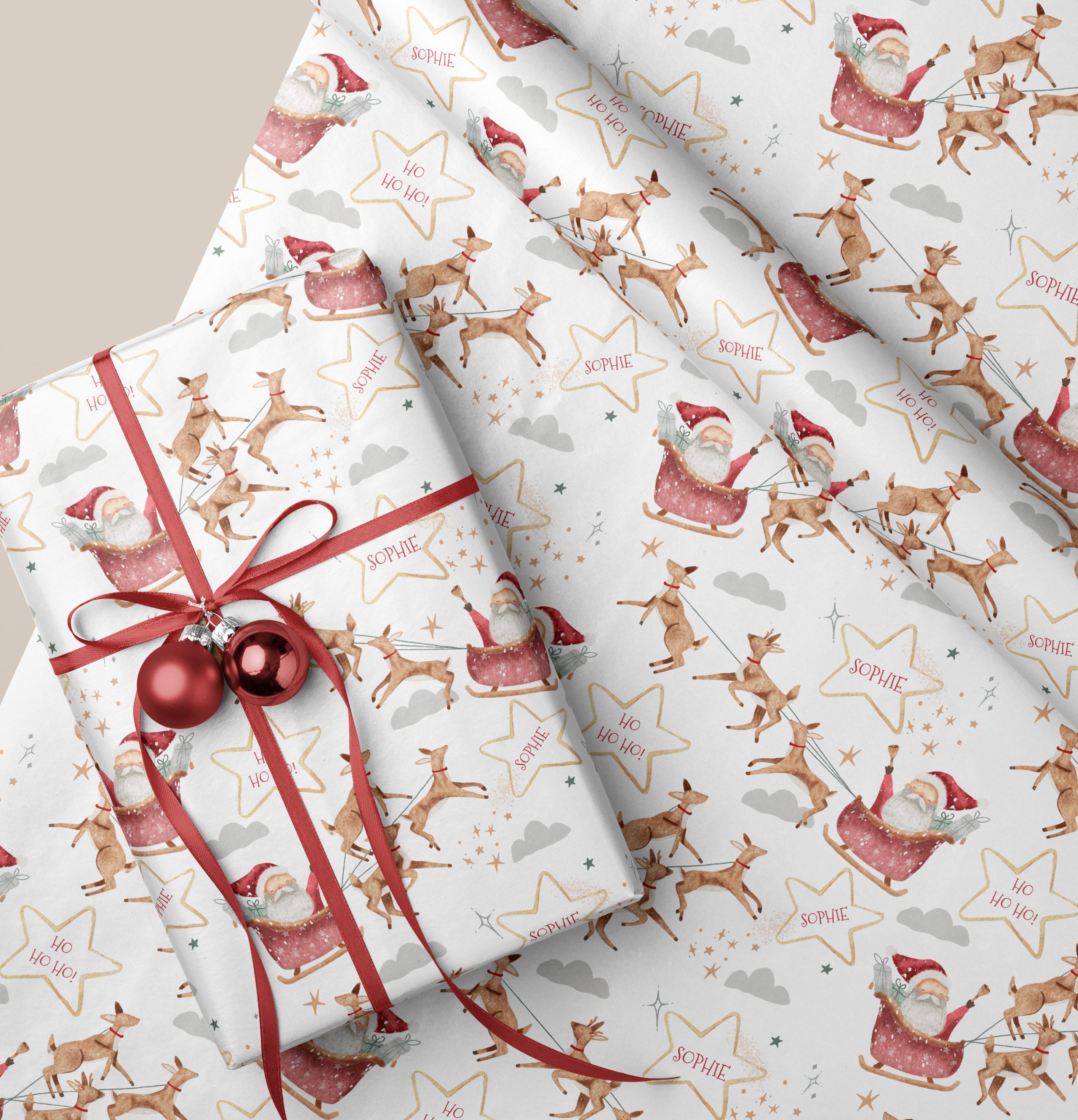 This delightful Personalised Santa Christmas Gift Wrapping Paper adds a festive and unique touch to your holiday gift-giving, featuring charming reindeers soaring through the sky with Santa's sleigh filled with presents, making your gifts even more special and memorable