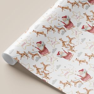 This delightful Personalised Santa Christmas Gift Wrapping Paper adds a festive and unique touch to your holiday gift-giving, featuring charming reindeers soaring through the sky with Santa's sleigh filled with presents, making your gifts even more special and memorable