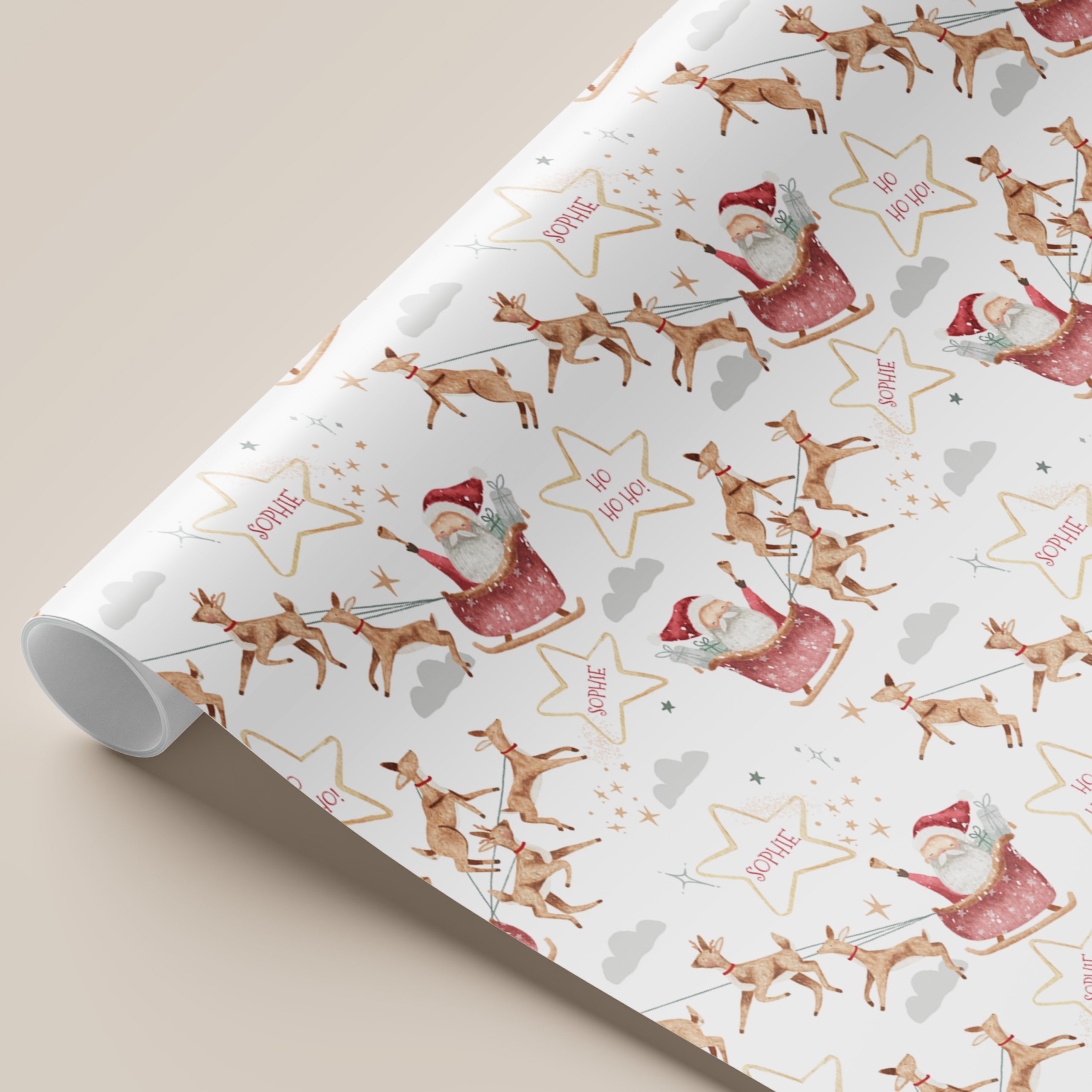 This delightful Personalised Santa Christmas Gift Wrapping Paper adds a festive and unique touch to your holiday gift-giving, featuring charming reindeers soaring through the sky with Santa's sleigh filled with presents, making your gifts even more special and memorable
