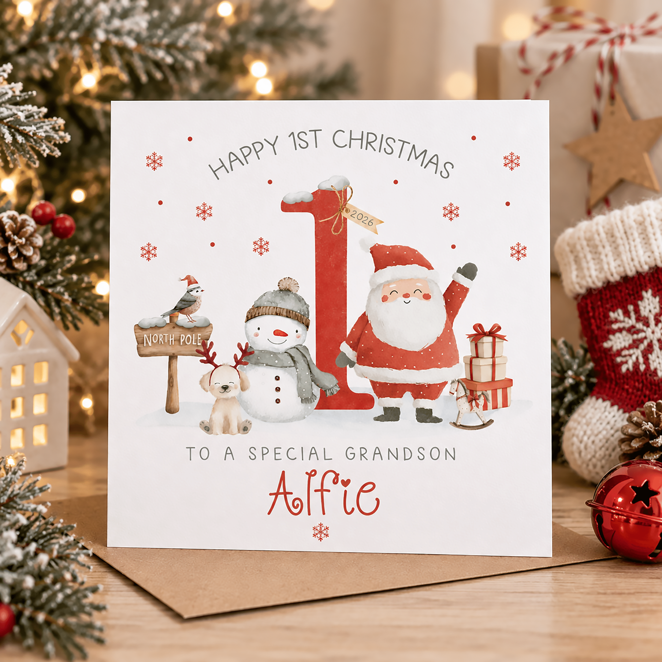 First Christmas card for granddaughter with Santa, snowman and personalised name