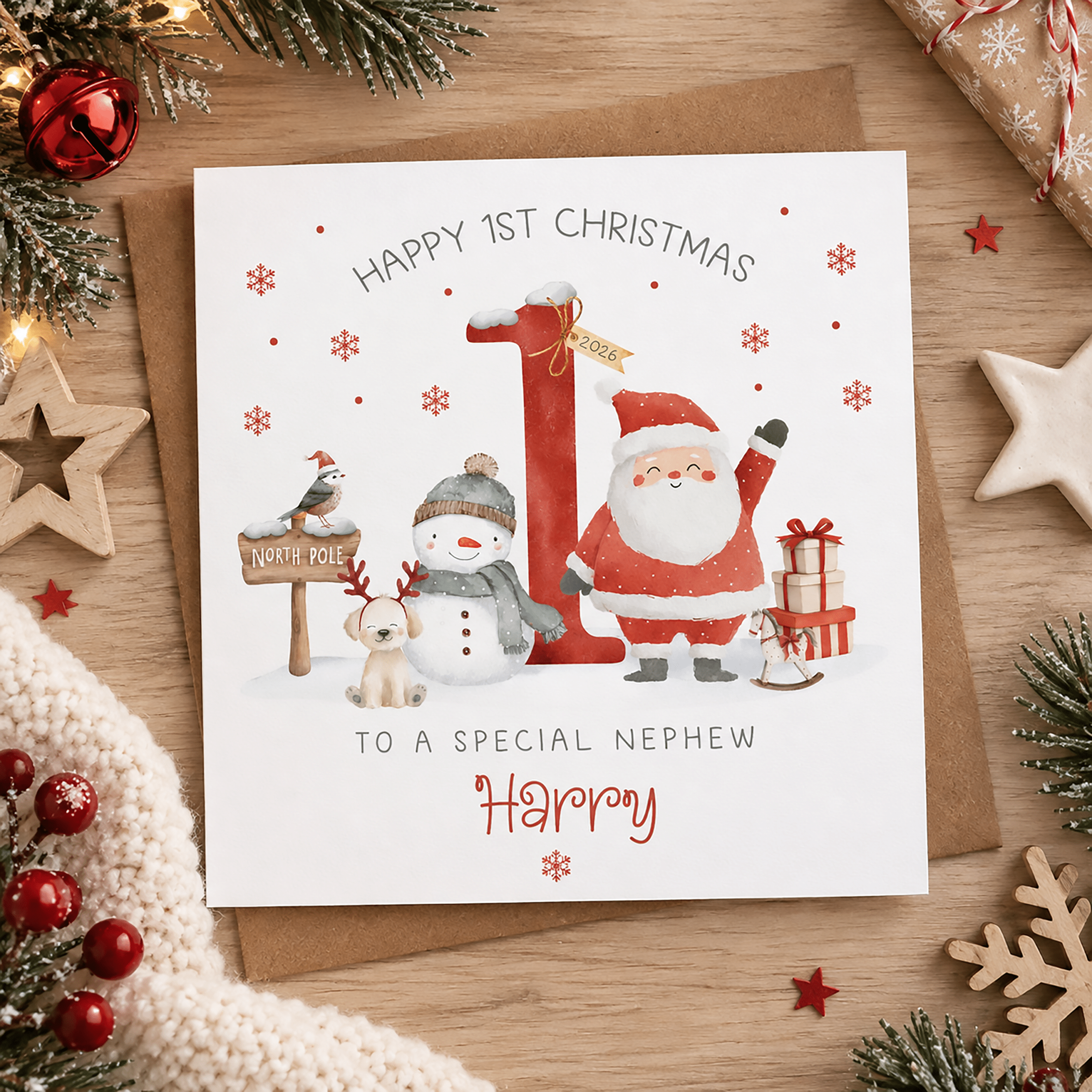 Personalised baby’s first Christmas card 2026 with festive Santa design