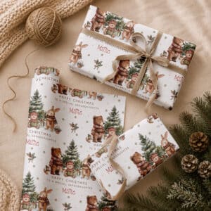 Personalised Christmas gift wrapping paper for children with woodland animal design and name