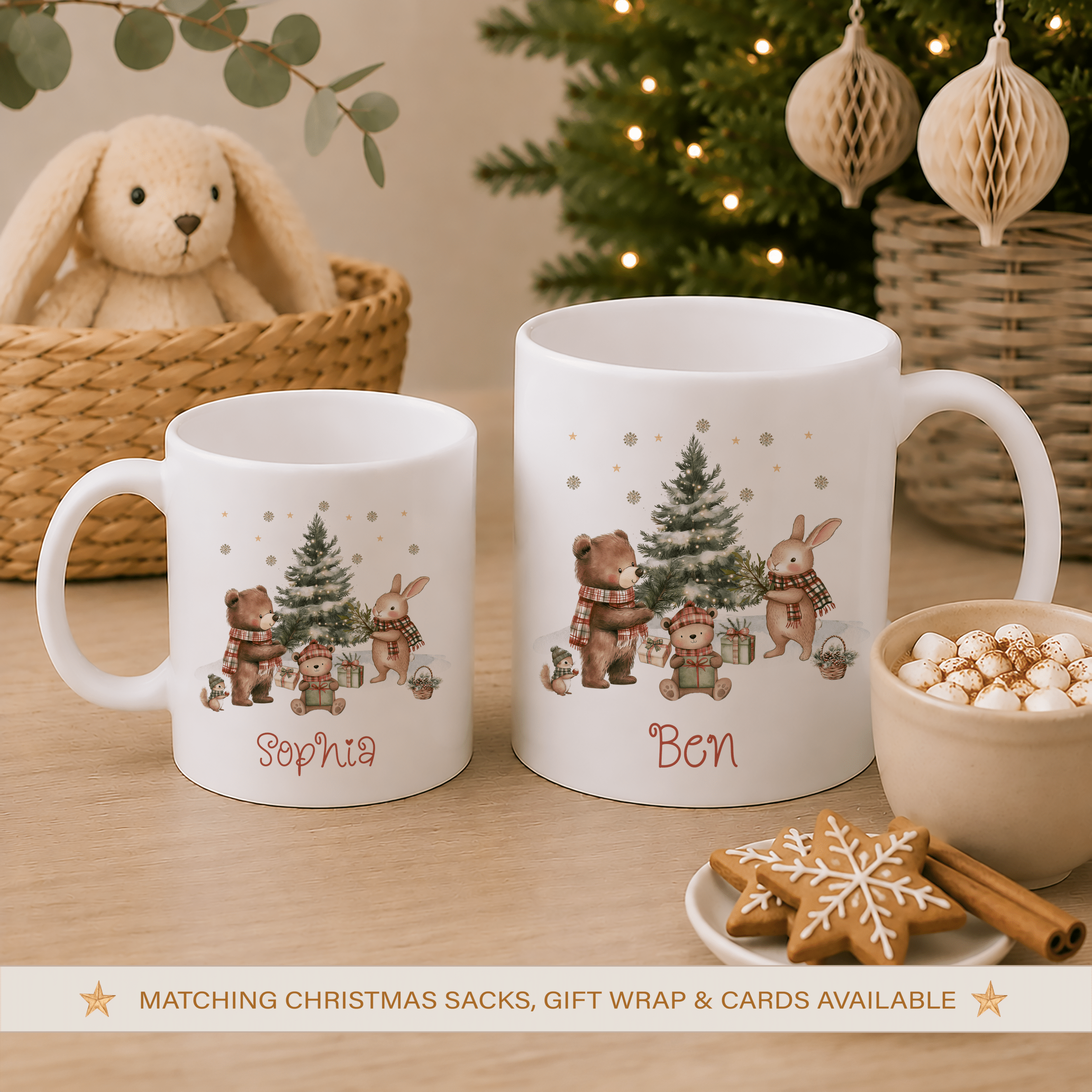Personalised Christmas mugs for children with woodland animals, Christmas tree and child’s name