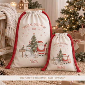 Personalised Christmas Santa sacks for children with name and festive Santa design