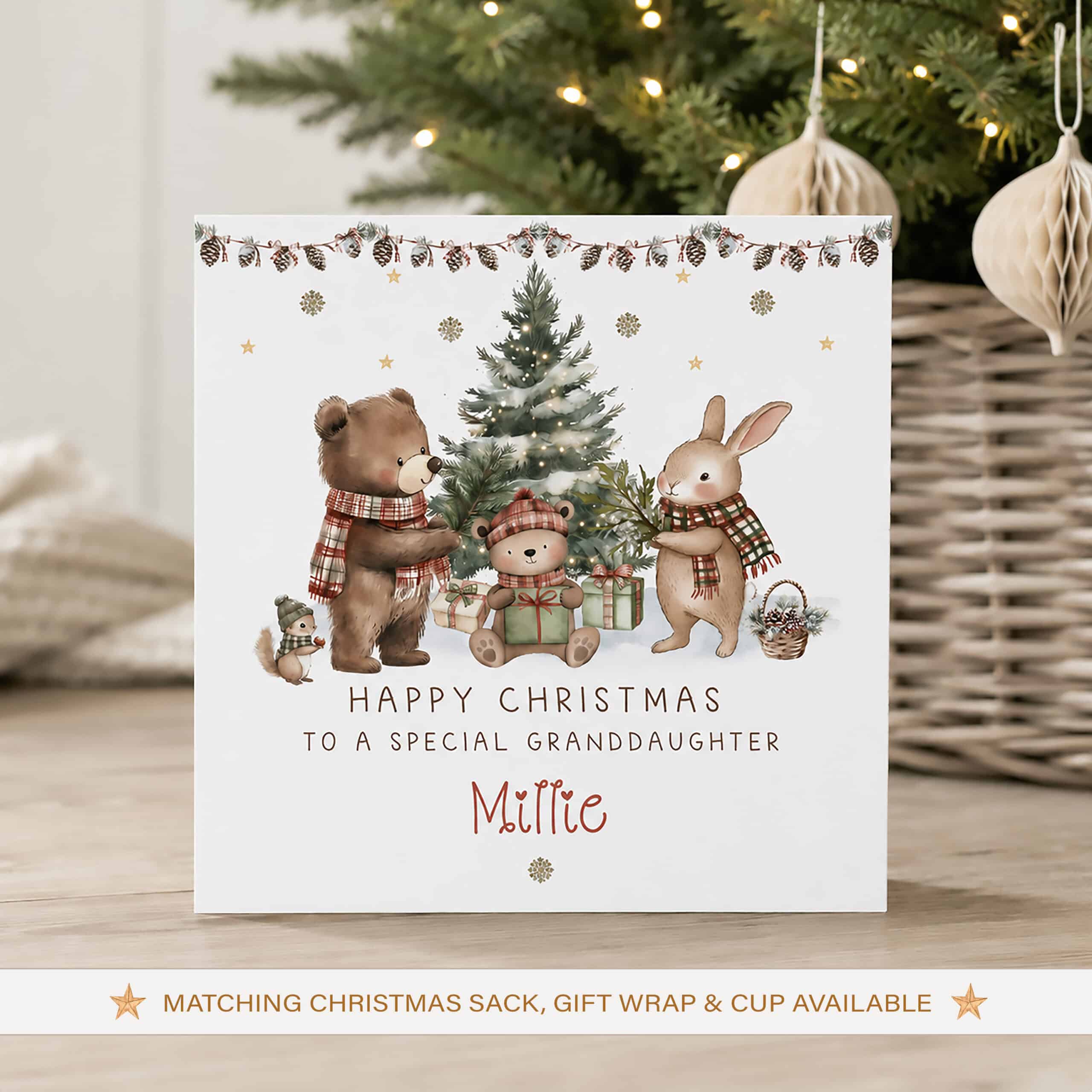 Personalised granddaughter Christmas card with woodland animals and Christmas tree