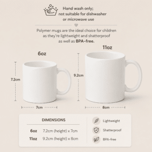 6oz and 11oz personalised Christmas mug size guide with dimensions and hand wash care information