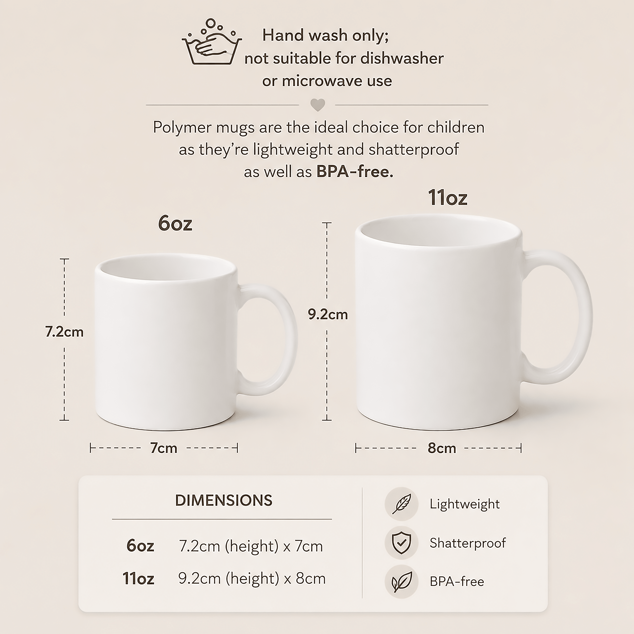 6oz and 11oz personalised Christmas mug size guide with dimensions and hand wash care information