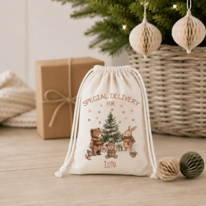 Personalised Santa sack for children with Christmas woodland design and child’s name