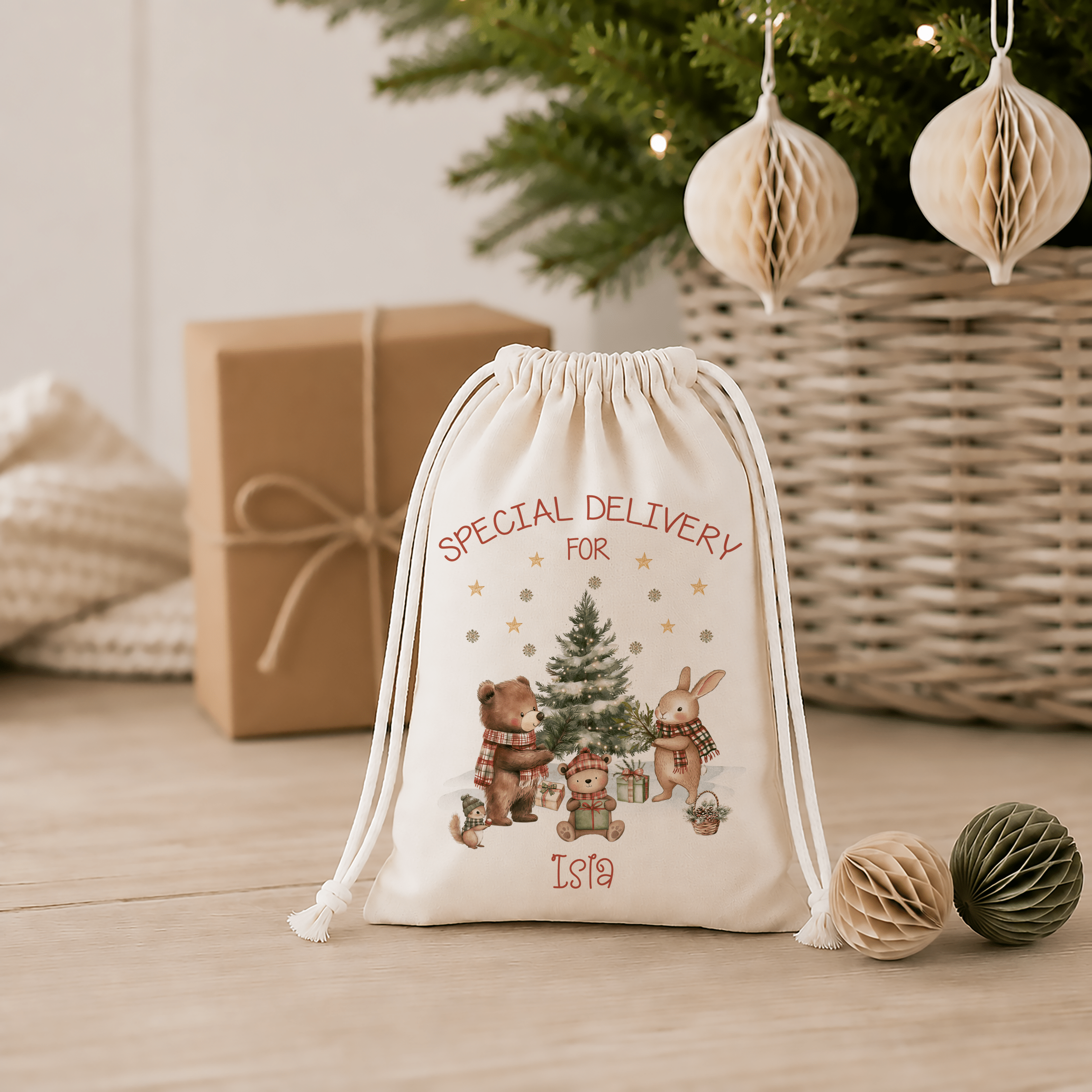 Personalised Santa sack for children with Christmas woodland design and child’s name