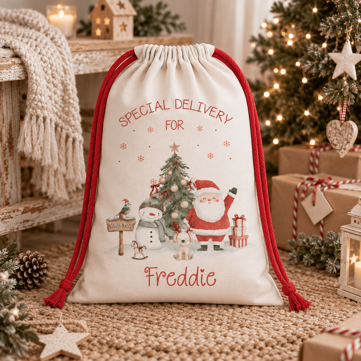 Personalised Santa sack with child’s name and special delivery Christmas design