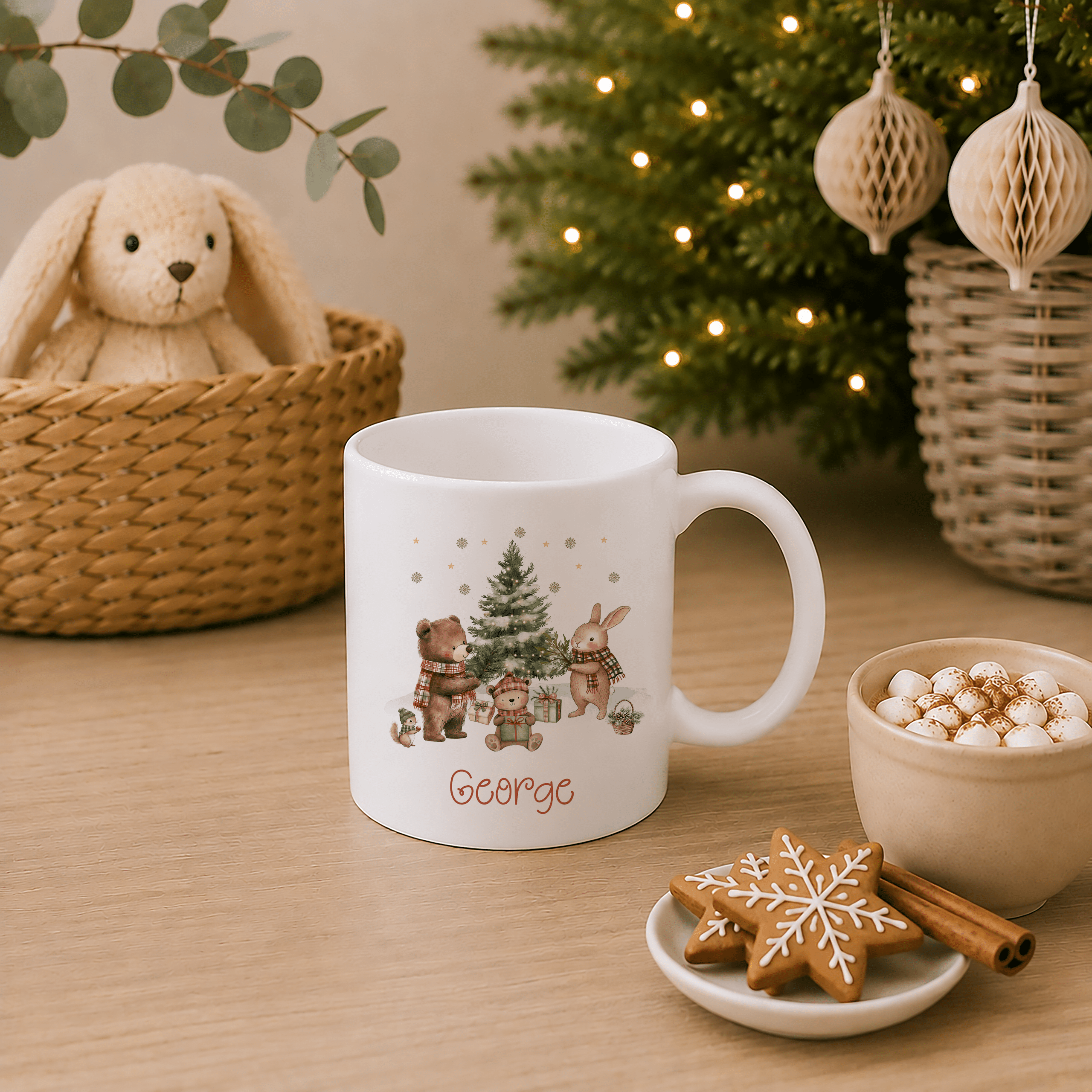 Woodland animals personalised Christmas mug with bear, bunny, festive tree and name