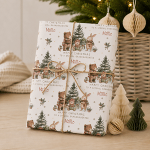 Woodland animals personalised Christmas wrapping paper with bear, bunny, tree and child’s name