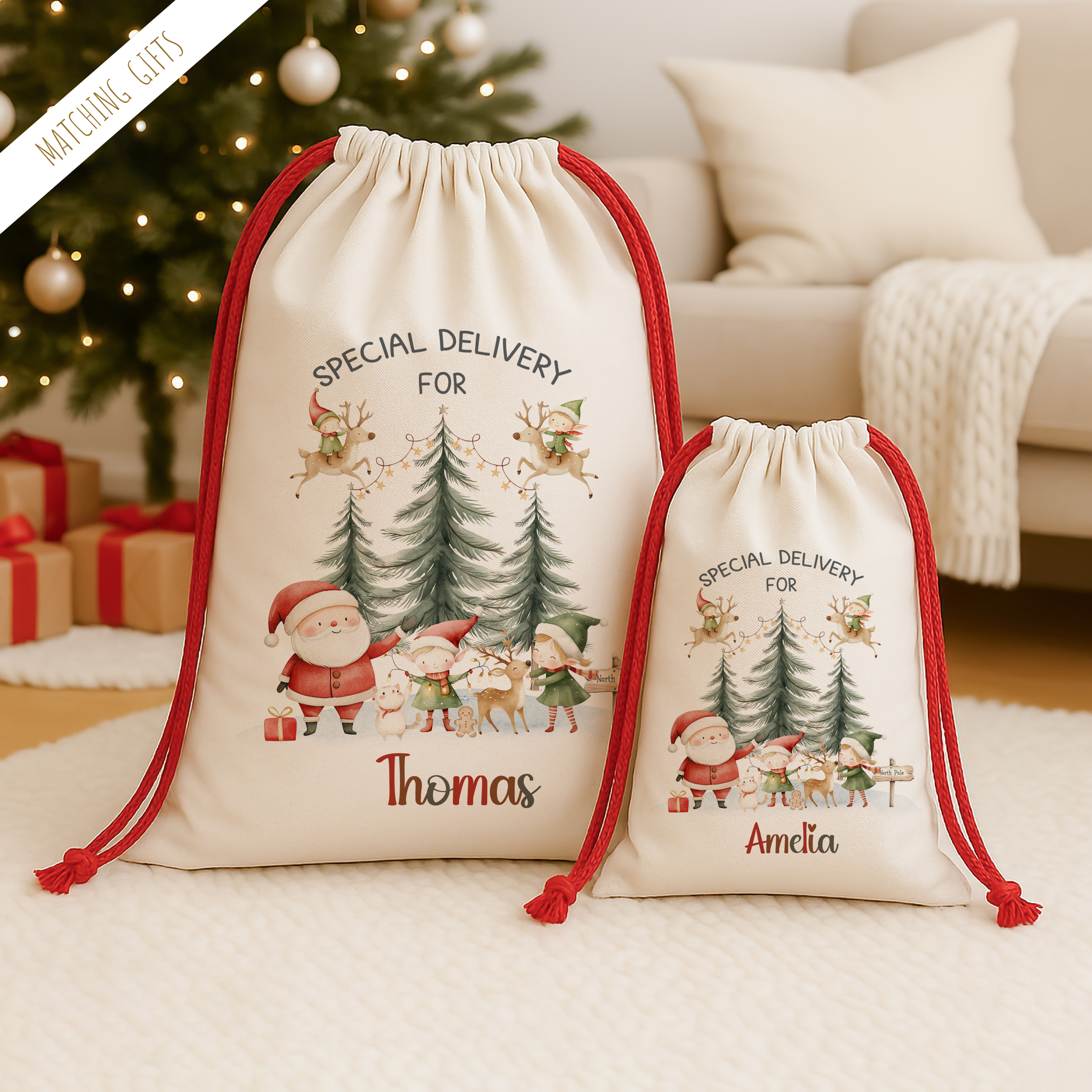 Personalised Santa Claus and Elves Christmas Sack