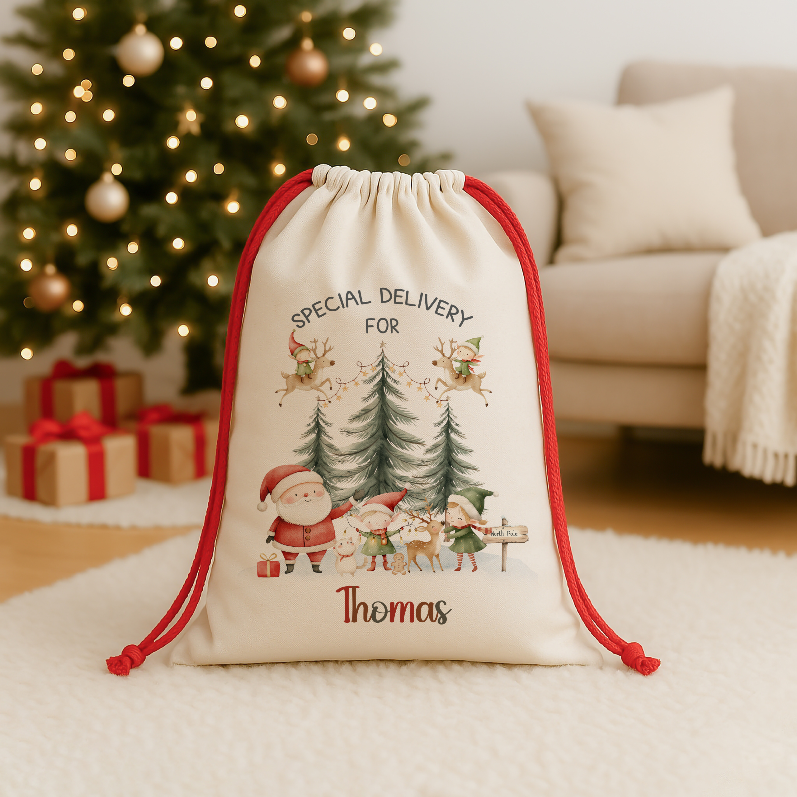 Personalised Santa Claus and Elves Christmas Sack
