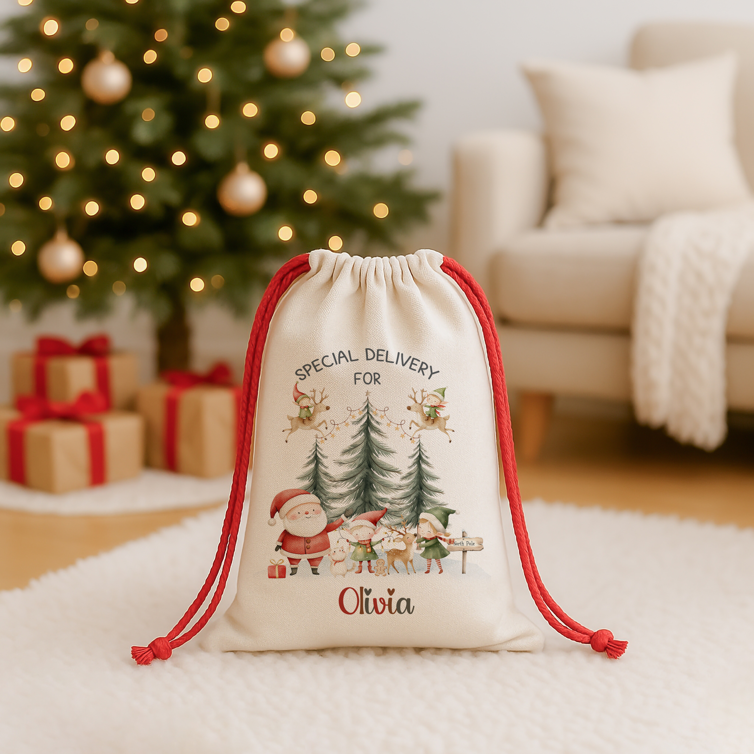Personalised Santa Claus and Elves Christmas Sack