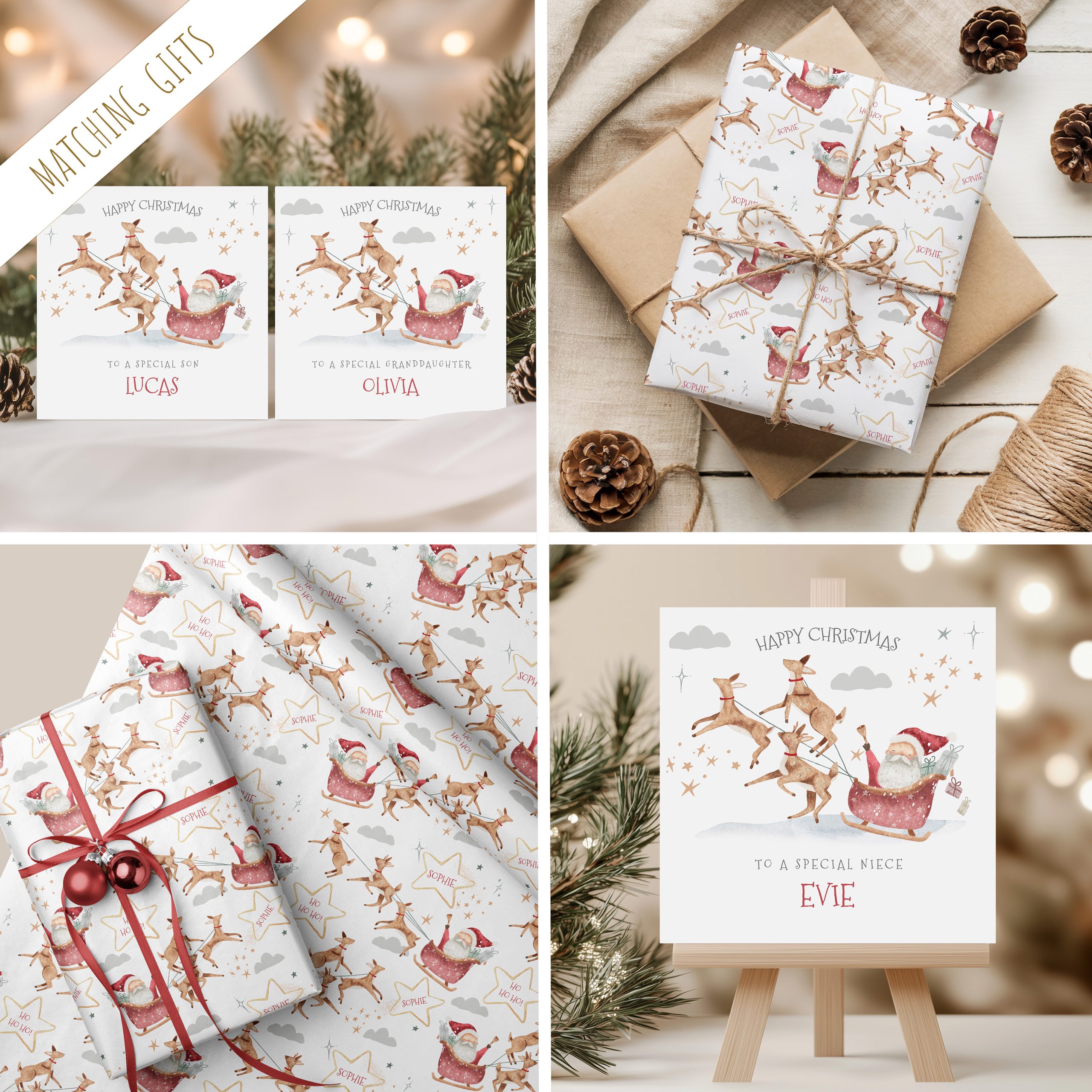 Kids Personalised Santa Claus & Reindeers Christmas Card