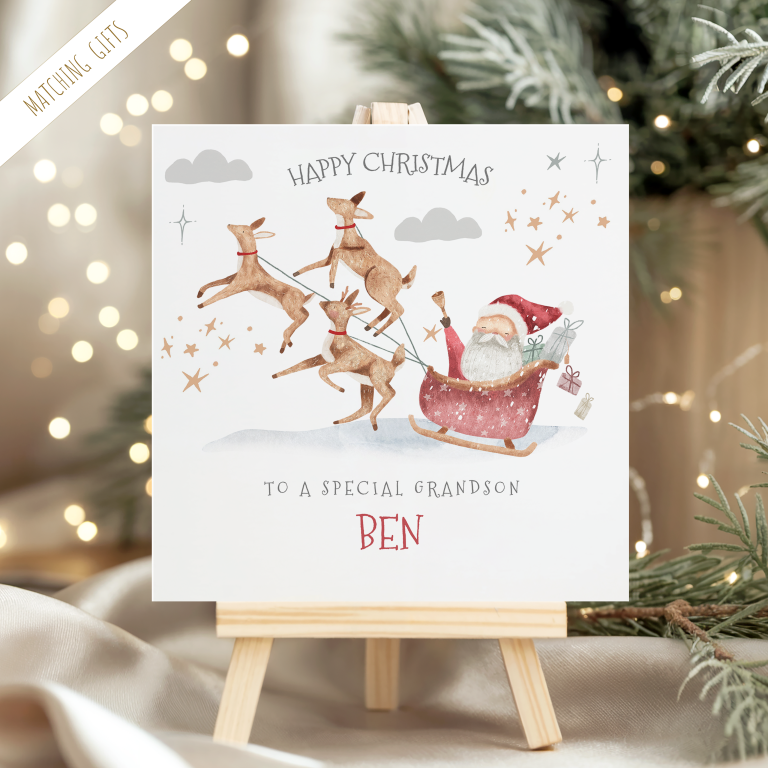 Kids Personalised Santa Claus & Reindeers Christmas Card