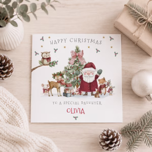 Cute personalised First Christmas card for a grandson featuring Santa and woodland animals with custom name.