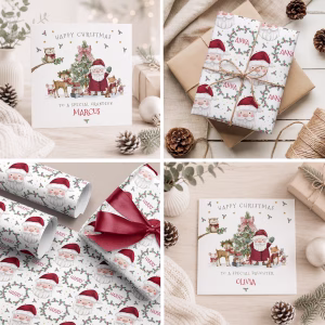 Cute personalised Santa Christmas card for a kids featuring Santa and woodland animals with custom name.