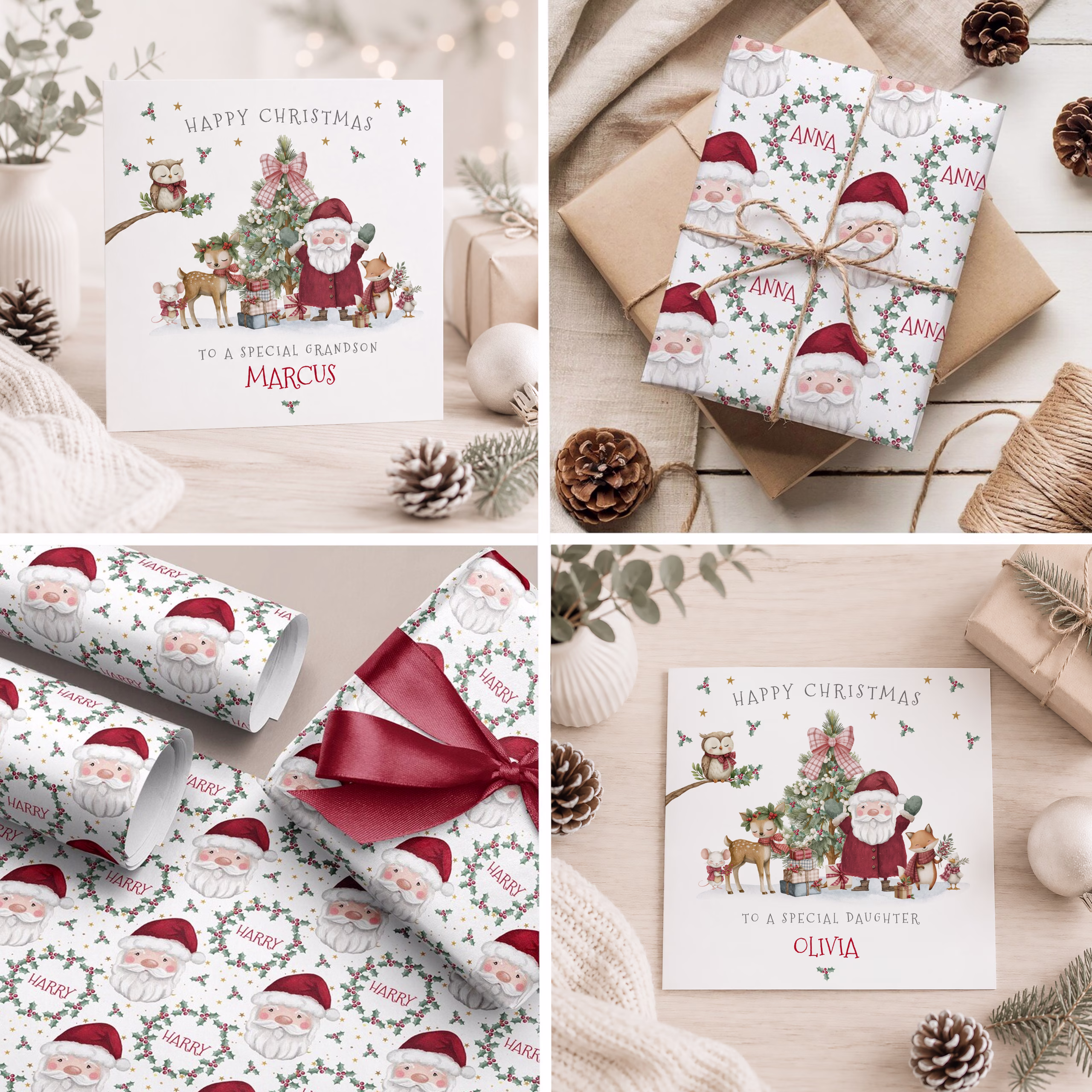 Cute personalised Santa Christmas card for a kids featuring Santa and woodland animals with custom name.