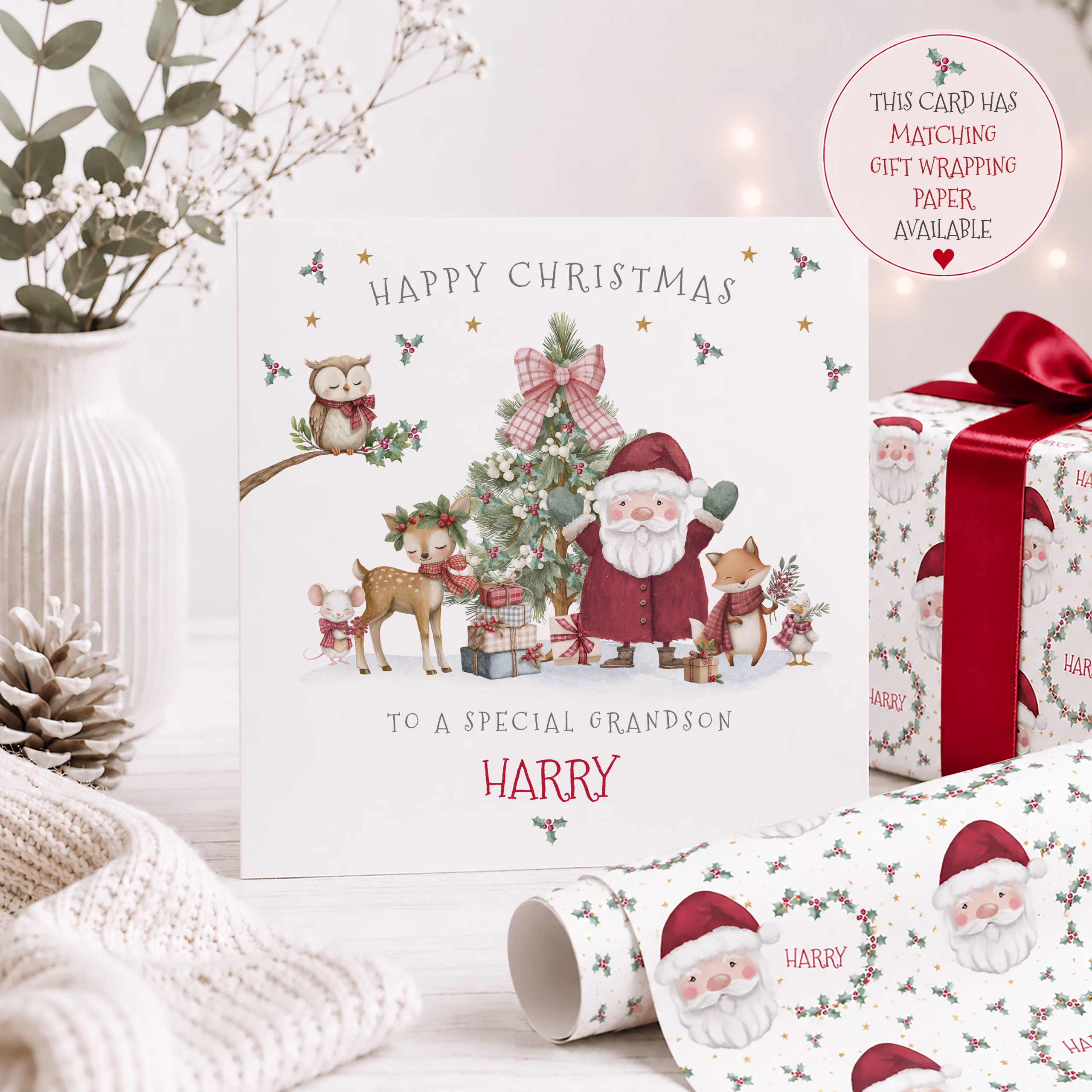 Personalised First Christmas card for grandson featuring Santa, woodland animals and Christmas tree – custom name Christmas card.