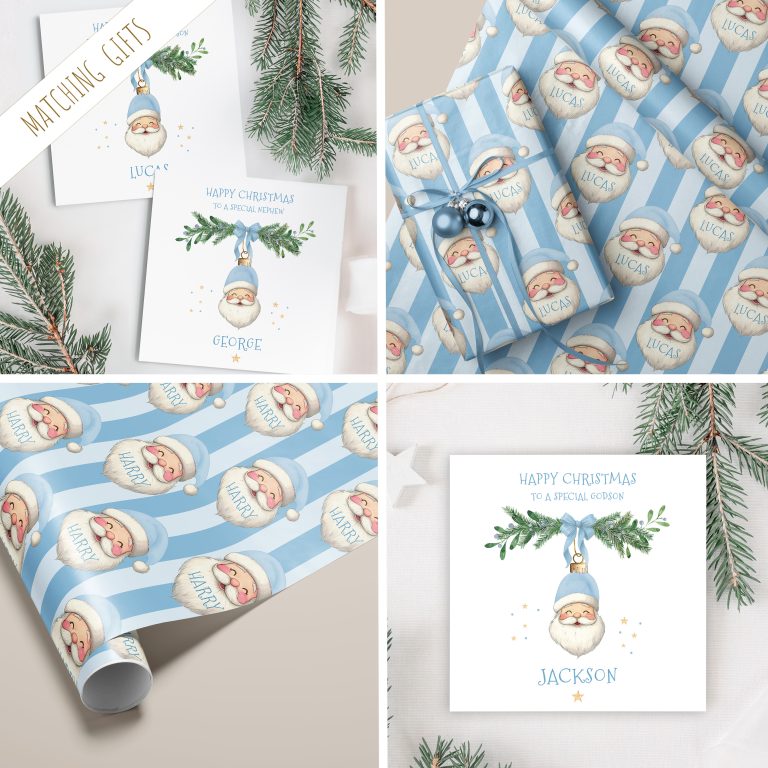 Personalised Boys Blue Santa Christmas Wrapping Paper