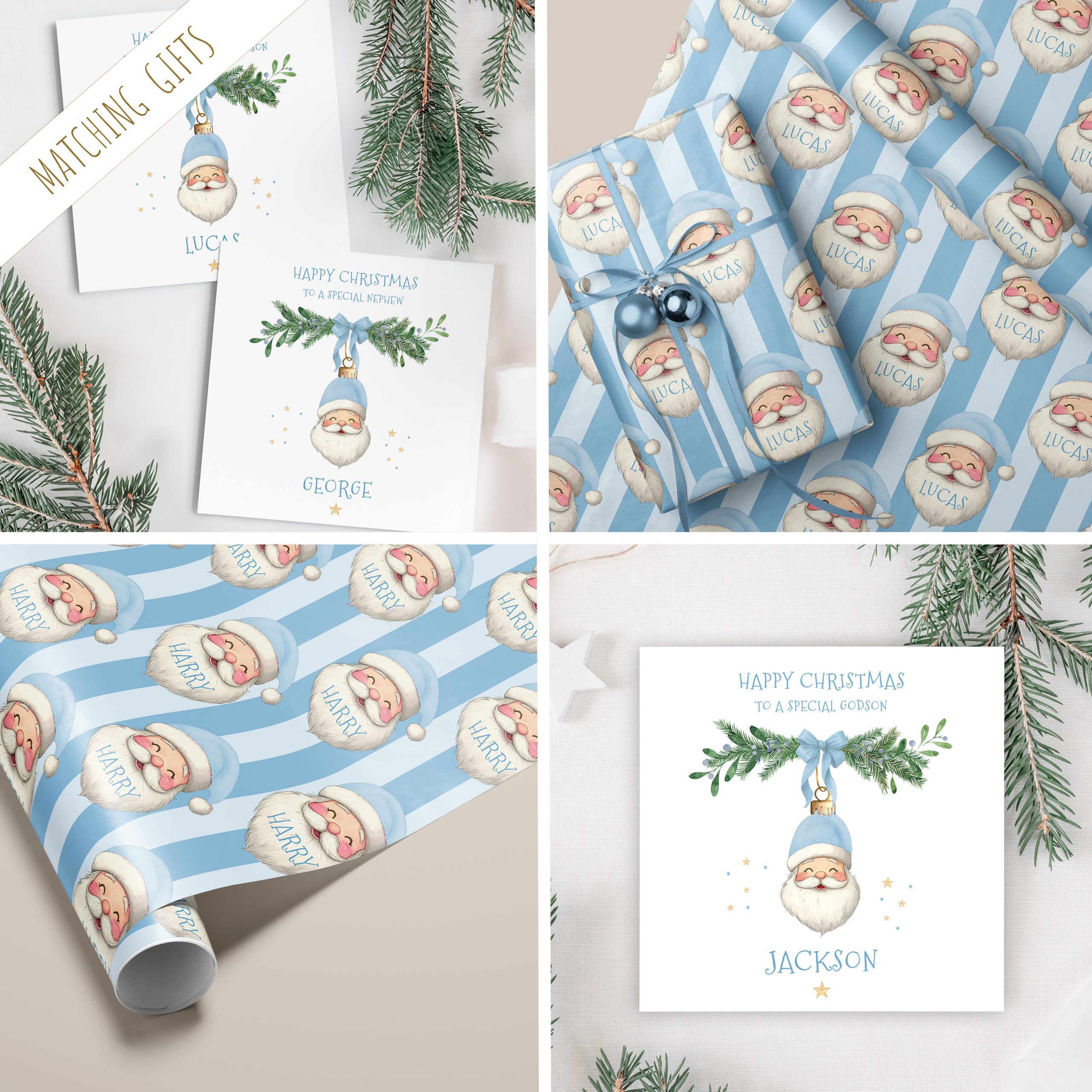 Boys Personalised Blue Santa Christmas Card