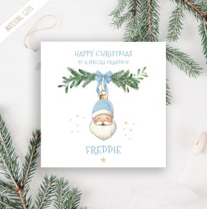 Boys Personalised Blue Santa Christmas Card