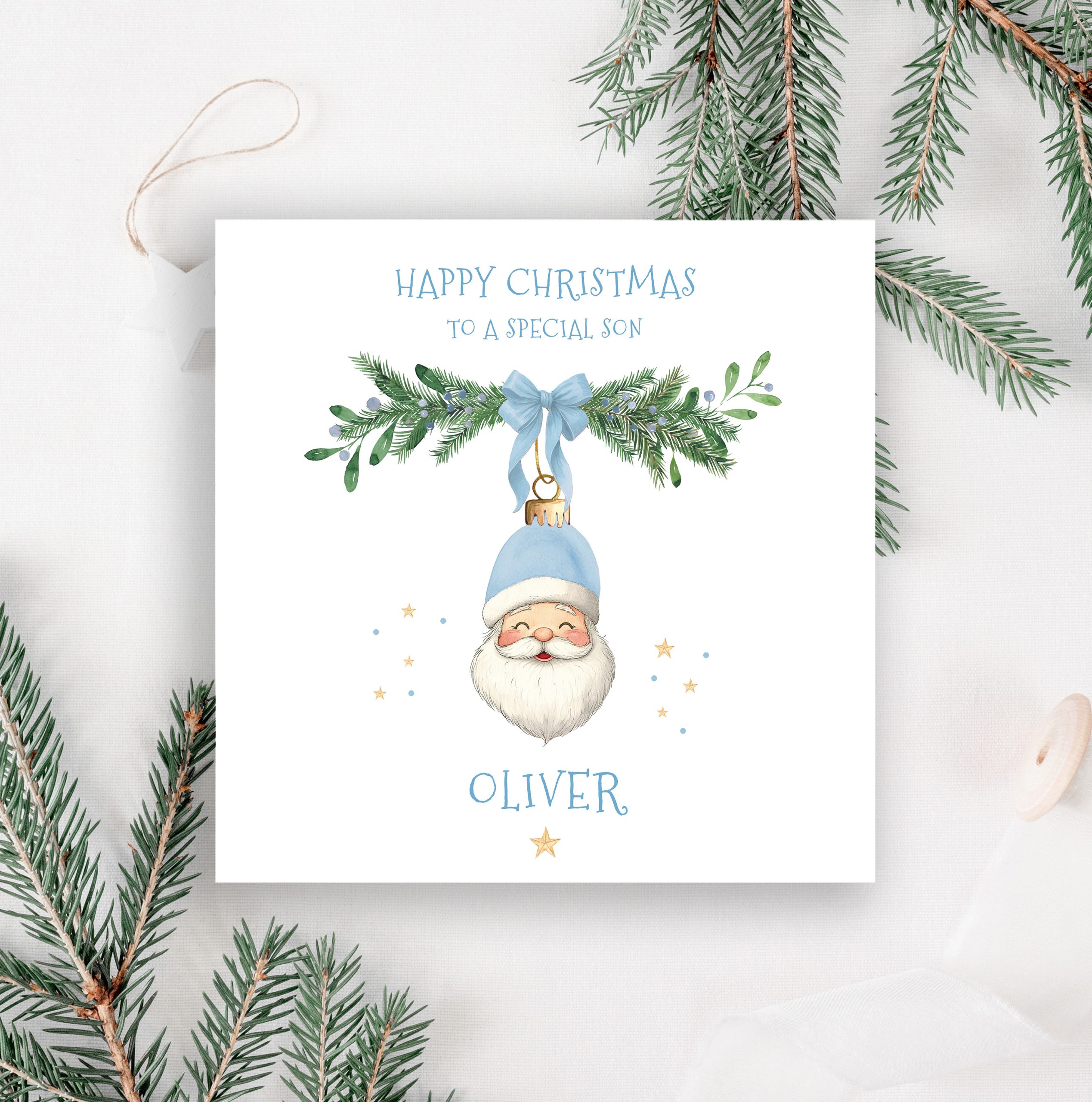 Boys Personalised Blue Santa Christmas Card