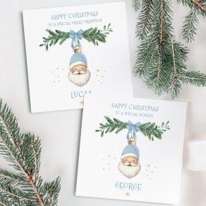 Boys Personalised Blue Santa Christmas Card