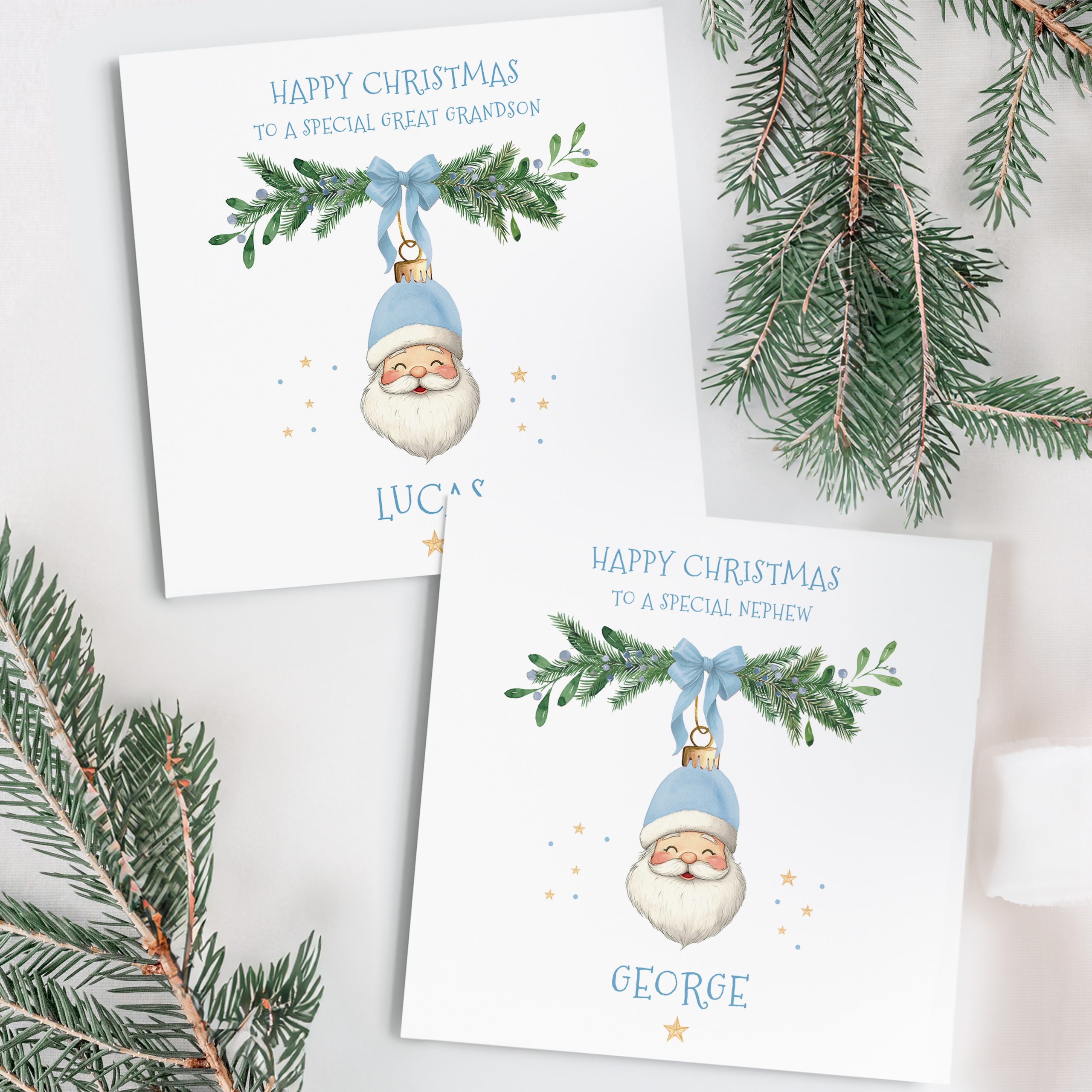 Boys Personalised Blue Santa Christmas Card