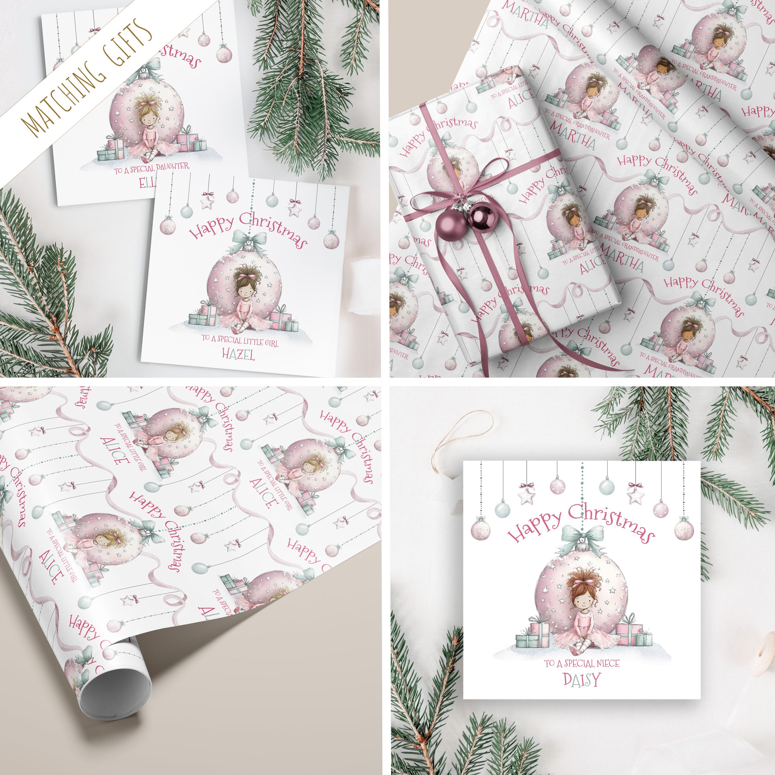 This delightful Personalised Pink Christmas Gift Wrapping Paper adds a festive and unique touch to your holiday gift-giving, featuring a little girl sitting infront of a giant pink bauble with a pile of presents, making your gifts even more special and memorable for friends and family, ensuring your presents stand out with a whimsical and festive touch. Customizable with a name, it adds a personal touch that makes gift-giving extra special and ensures your presents stand out under the tree.