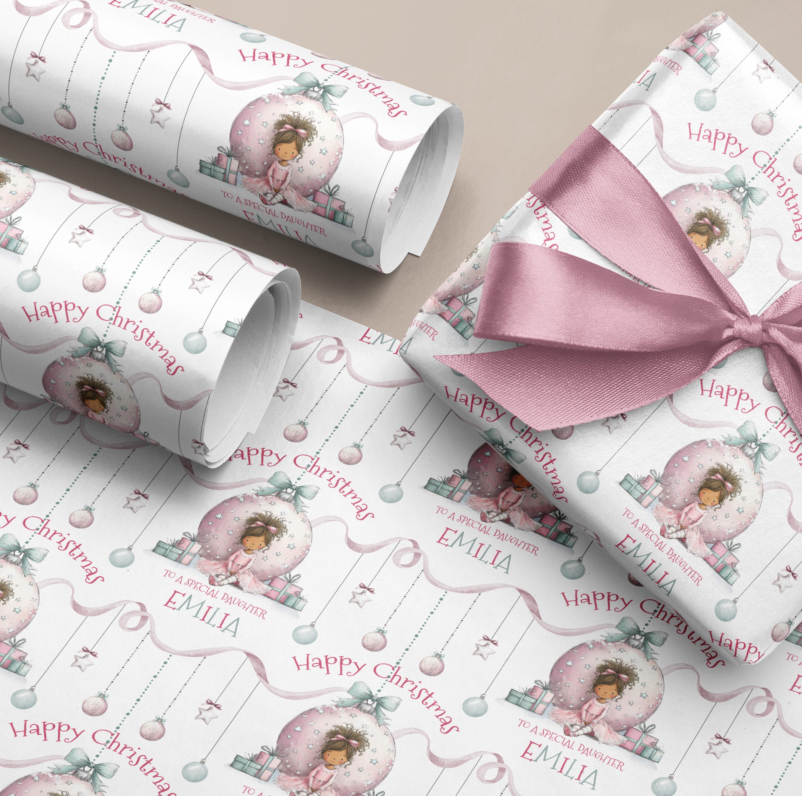 Girls Personalised Pink Christmas Wrapping Paper
