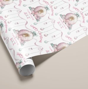 This delightful Personalised Pink Christmas Gift Wrapping Paper adds a festive and unique touch to your holiday gift-giving, featuring a little girl sitting infront of a giant pink bauble with a pile of presents, making your gifts even more special and memorable for friends and family, ensuring your presents stand out with a whimsical and festive touch. Customizable with a name, it adds a personal touch that makes gift-giving extra special and ensures your presents stand out under the tree.