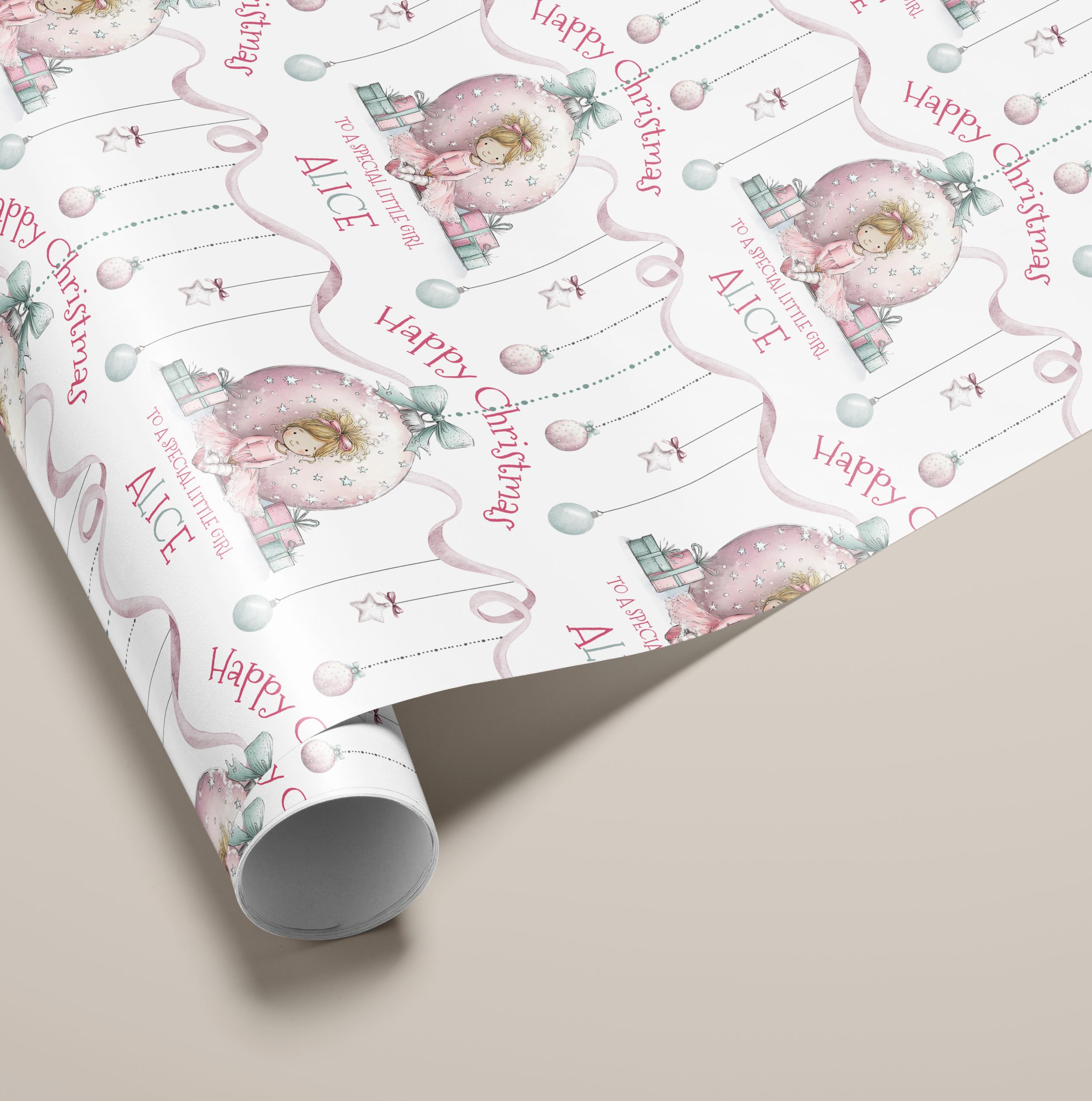 This delightful Personalised Pink Christmas Gift Wrapping Paper adds a festive and unique touch to your holiday gift-giving, featuring a little girl sitting infront of a giant pink bauble with a pile of presents, making your gifts even more special and memorable for friends and family, ensuring your presents stand out with a whimsical and festive touch. Customizable with a name, it adds a personal touch that makes gift-giving extra special and ensures your presents stand out under the tree.