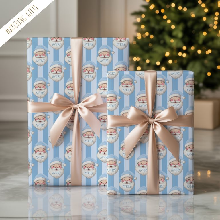 Personalised Boys Blue Santa Christmas Wrapping Paper