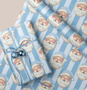 Personalised Blue Santa Christmas Wrapping Paper
