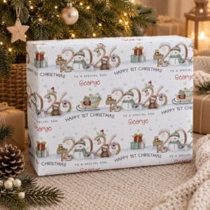 Baby's first Christmas wrapping paper personalised with name and relationship