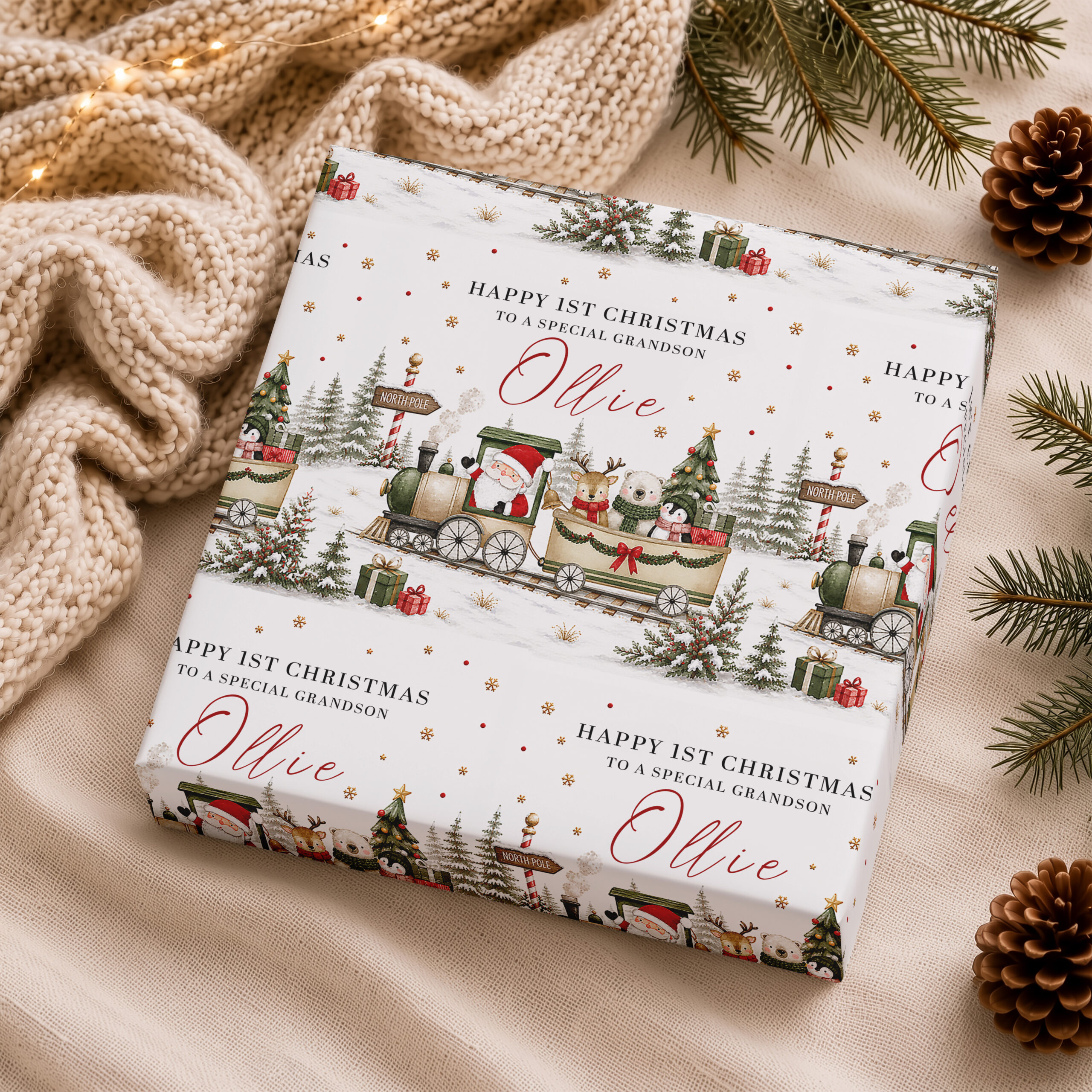 Boys first Christmas gift wrap with Santa train and woodland animals