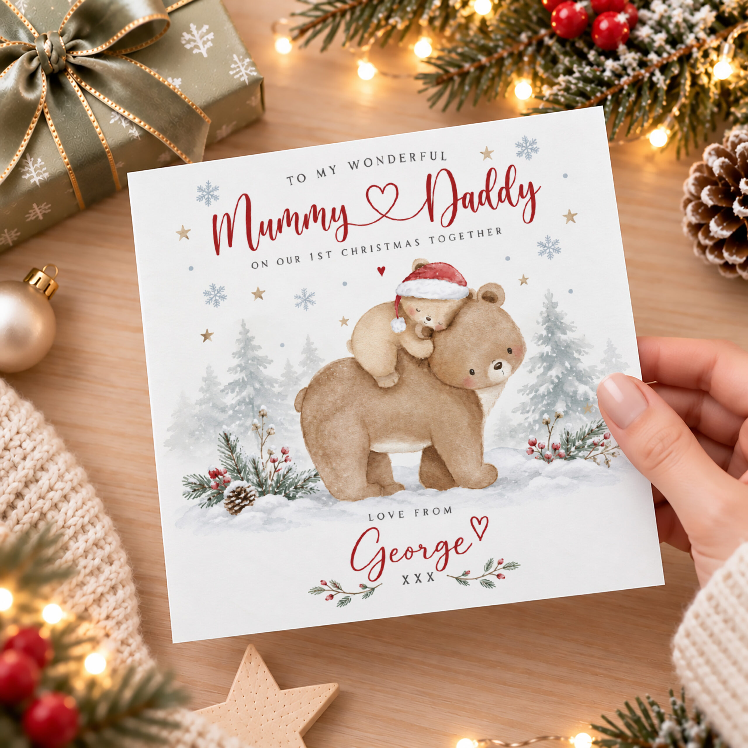 First Christmas card for parents personalised with name, watercolour bear design and festive details