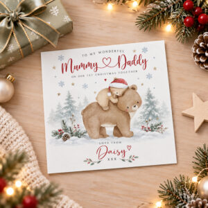 Mummy and Daddy first Christmas together card personalised with child’s name and Christmas bears