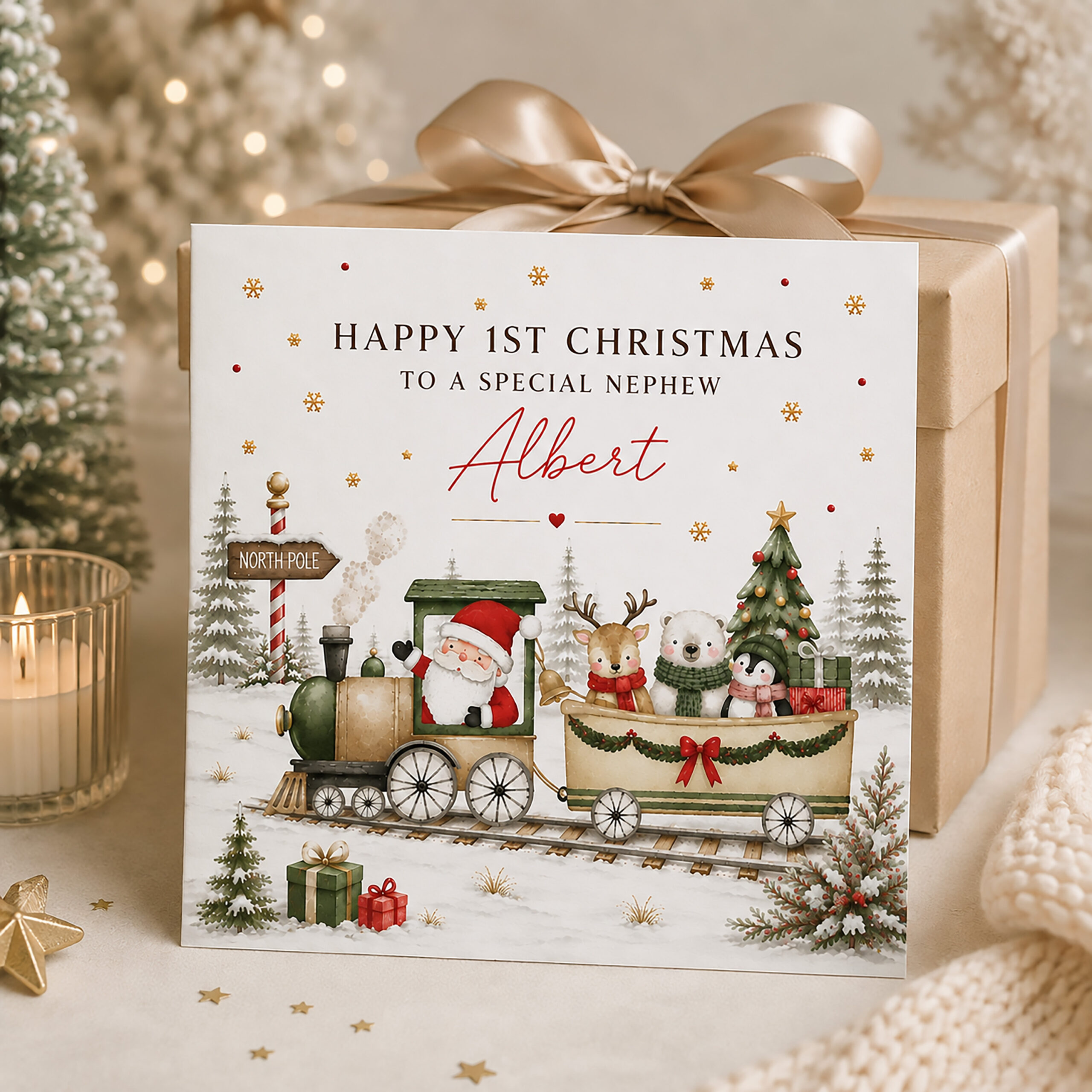 Personalised boys first Christmas card with Santa and festive train