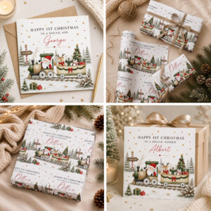 Personalised Christmas Train Wrapping Paper and Card