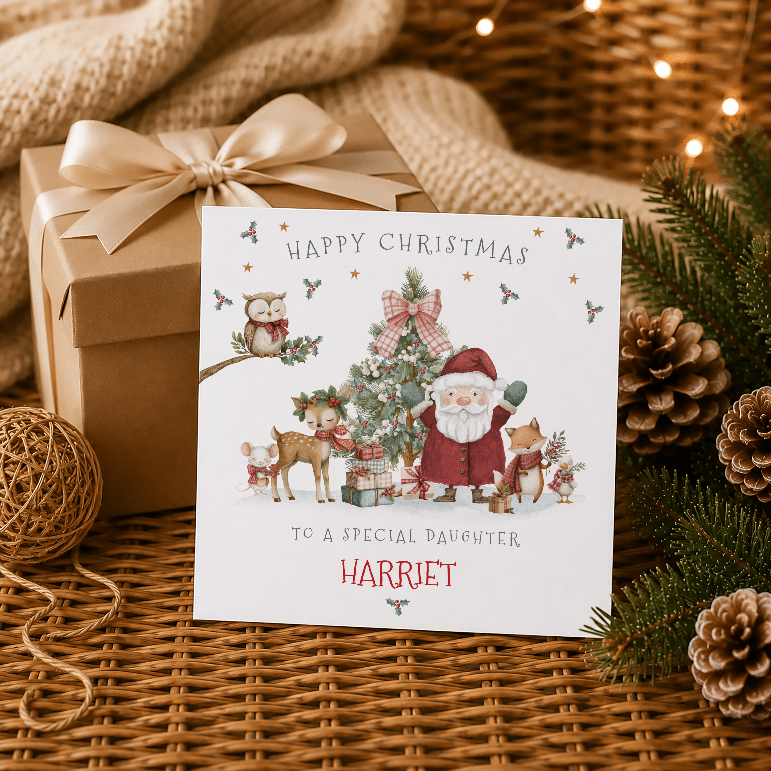 Personalised grandson Christmas card with Santa and woodland animals