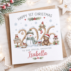 Daughter's first Christmas card personalised with his name and festive winter characters