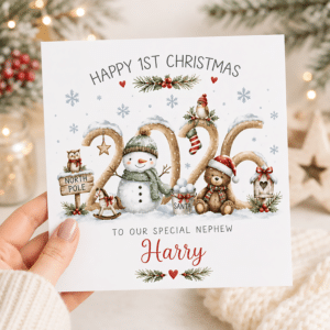 Personalised baby boy first Christmas card with name and festive snowman design