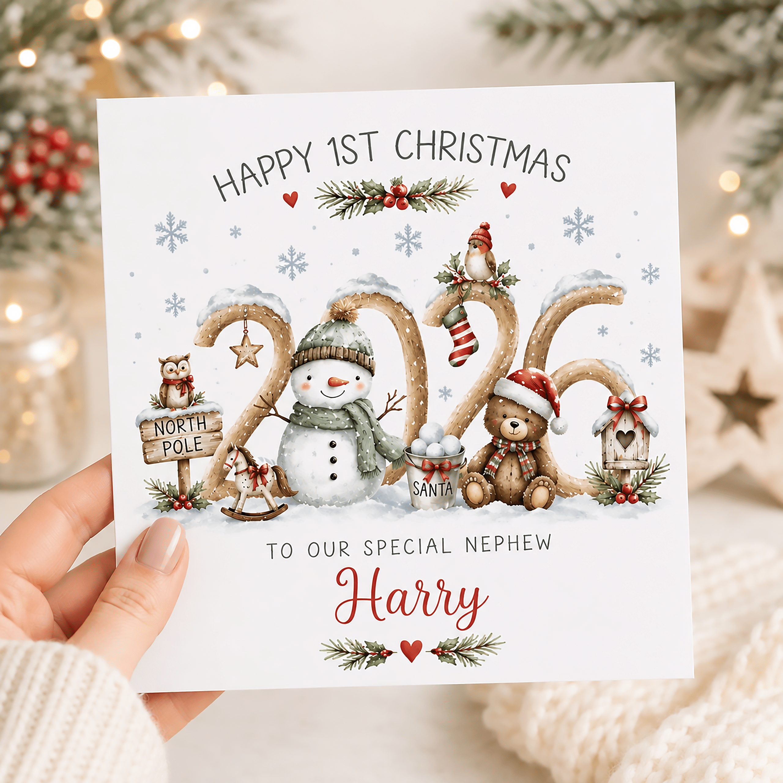 Personalised baby boy first Christmas card with name and festive snowman design