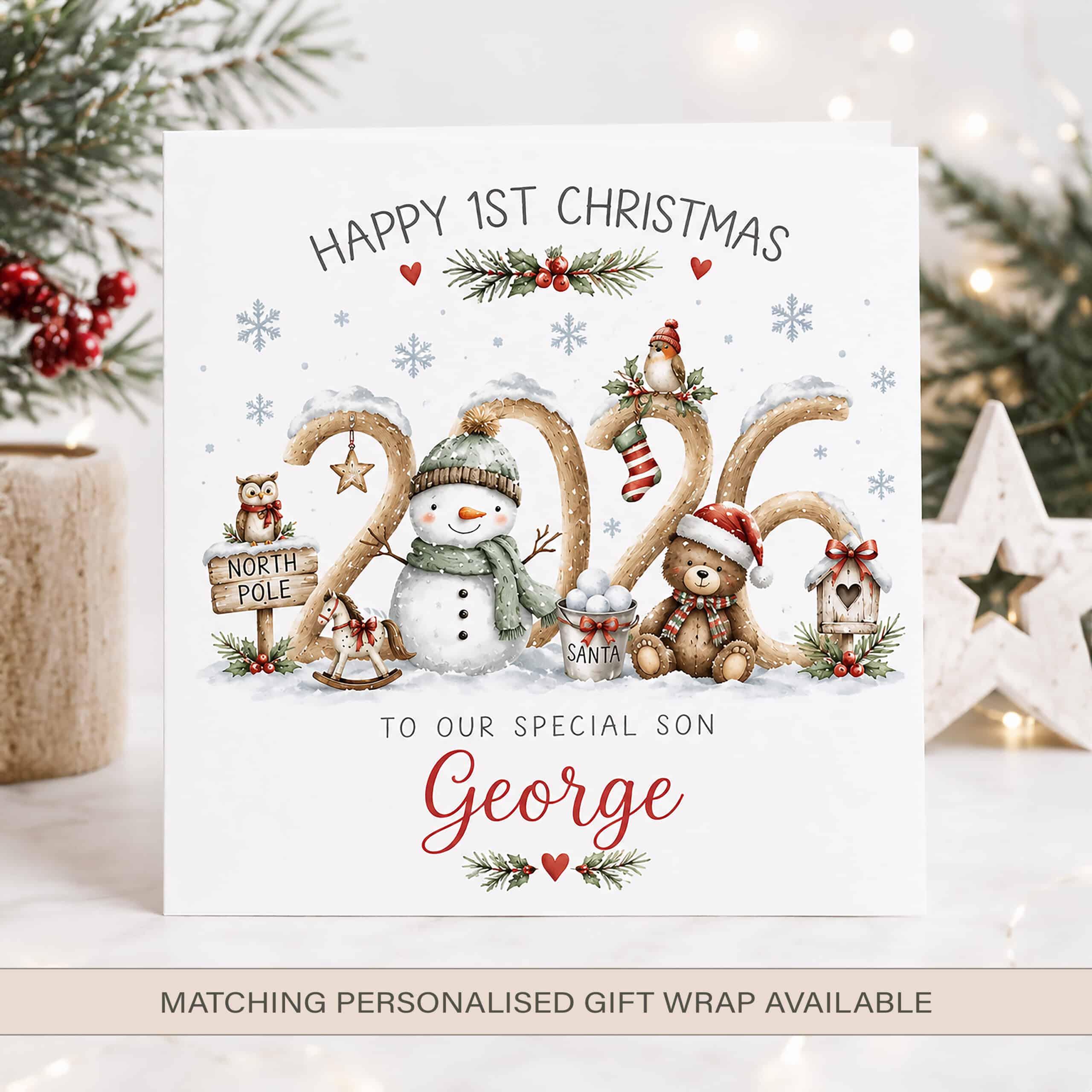 Personalised son's first Christmas card with snowman, teddy bear and child's name